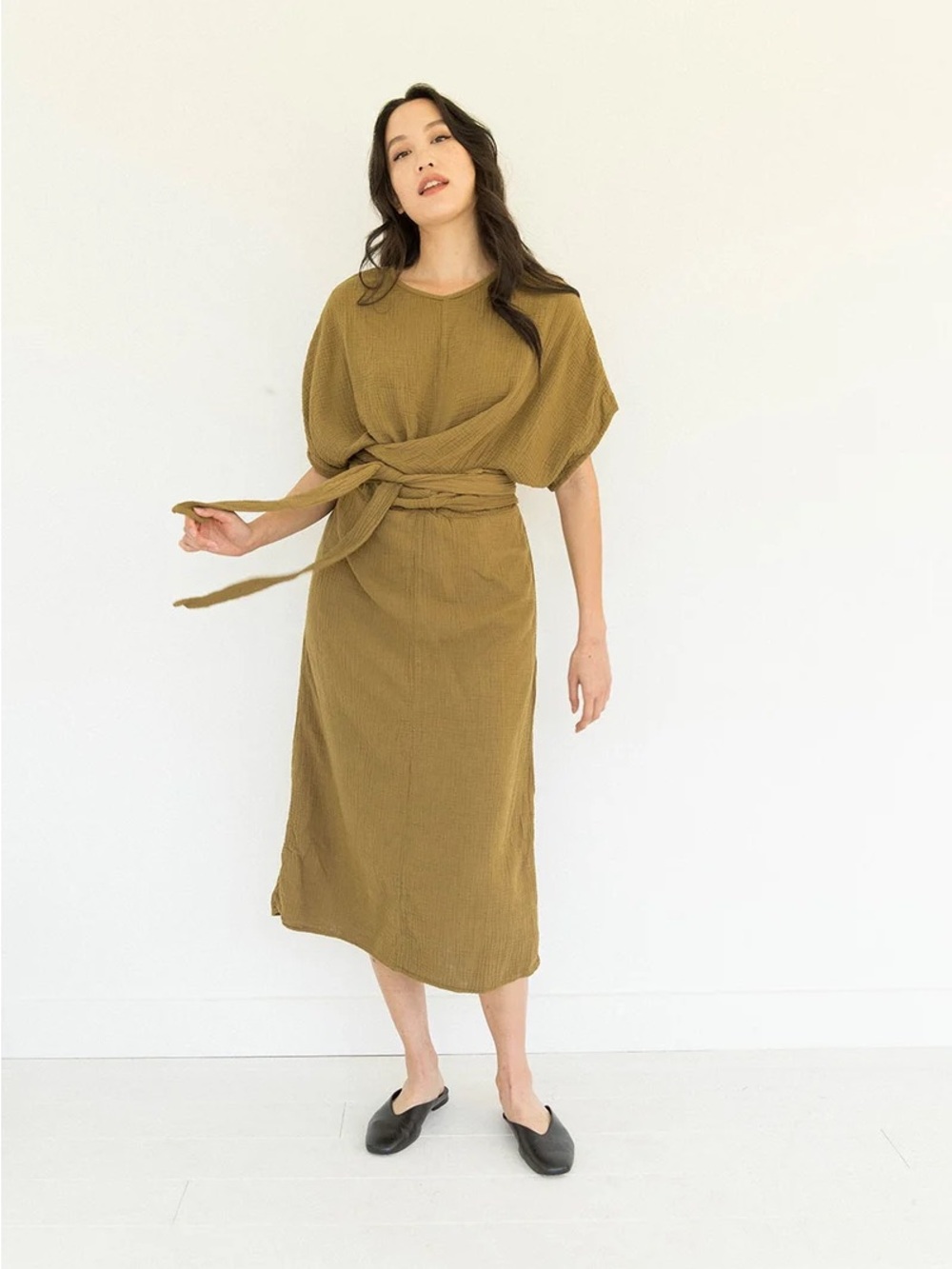 SUUNDAY THE DOLMAN DRESS TAPENADE GAUZE DRESS xs